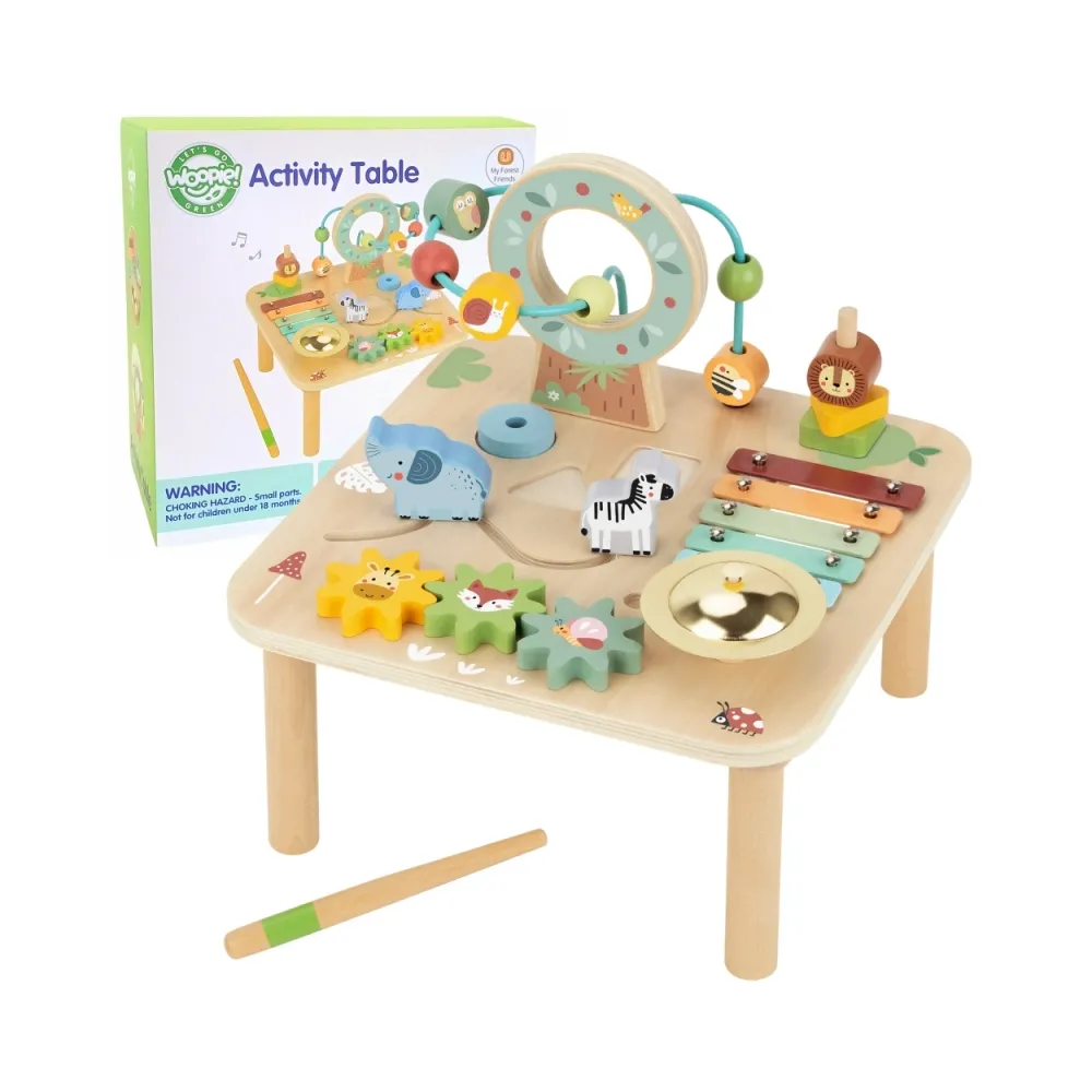 Drewniany edukacyjny stolik dla dzieci z pastelowymi kolorami.