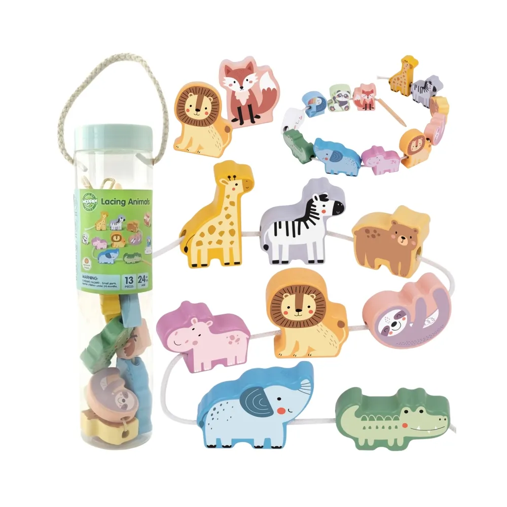 WOOPIE GREEN Drewniana Nawlekanka Klocki Przeplatanka ZOO Montessori 13 el.