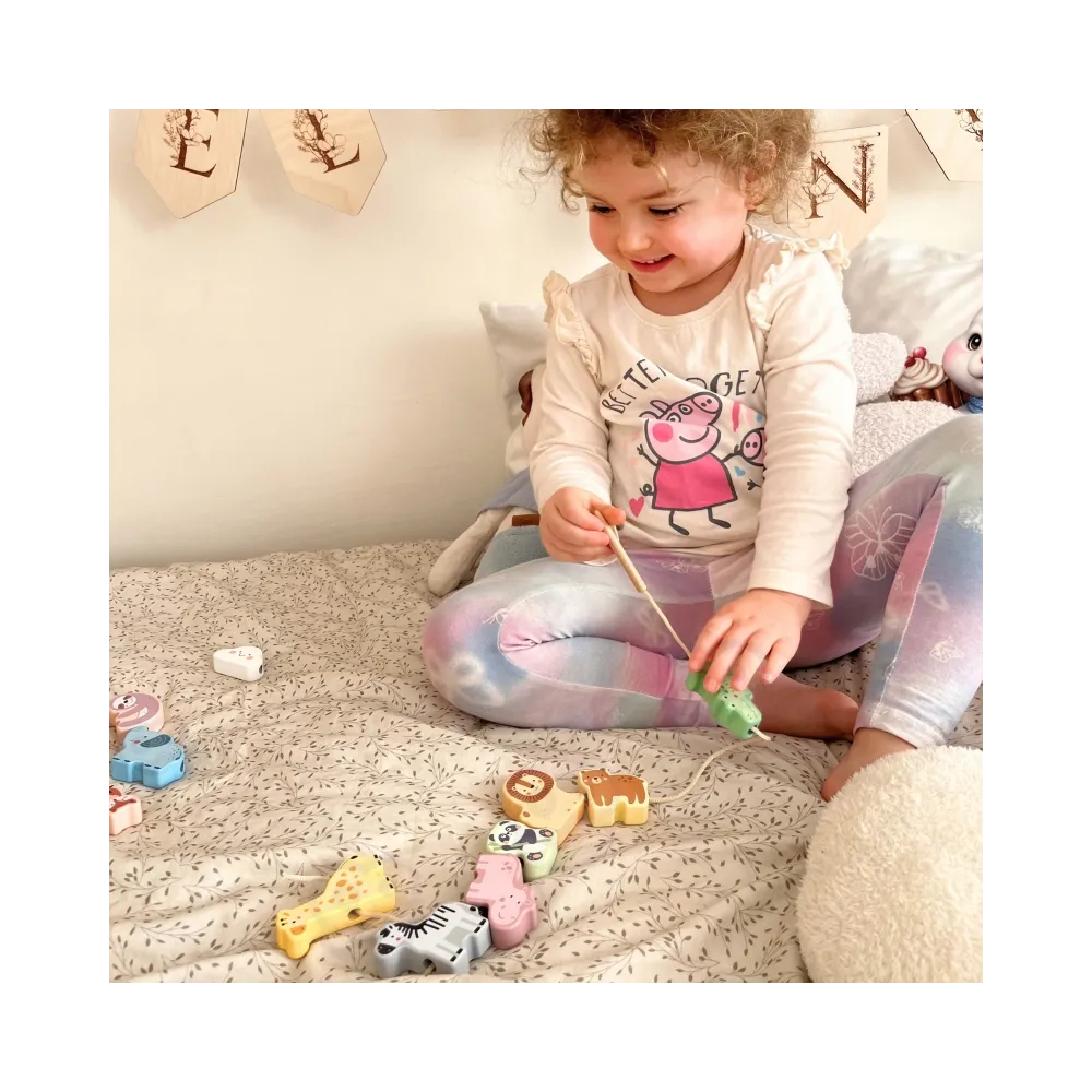 WOOPIE GREEN Drewniana Nawlekanka Klocki Przeplatanka ZOO Montessori 13 el.