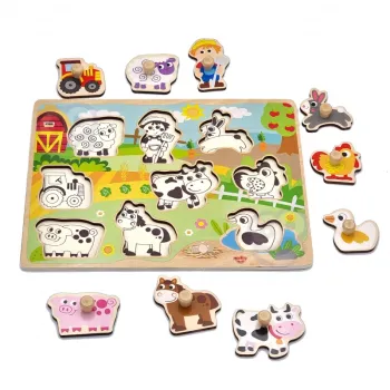 WOOPIE GREEN Drewniane Puzzle Montessori Farma z Pinezkami Do Dopasowania
