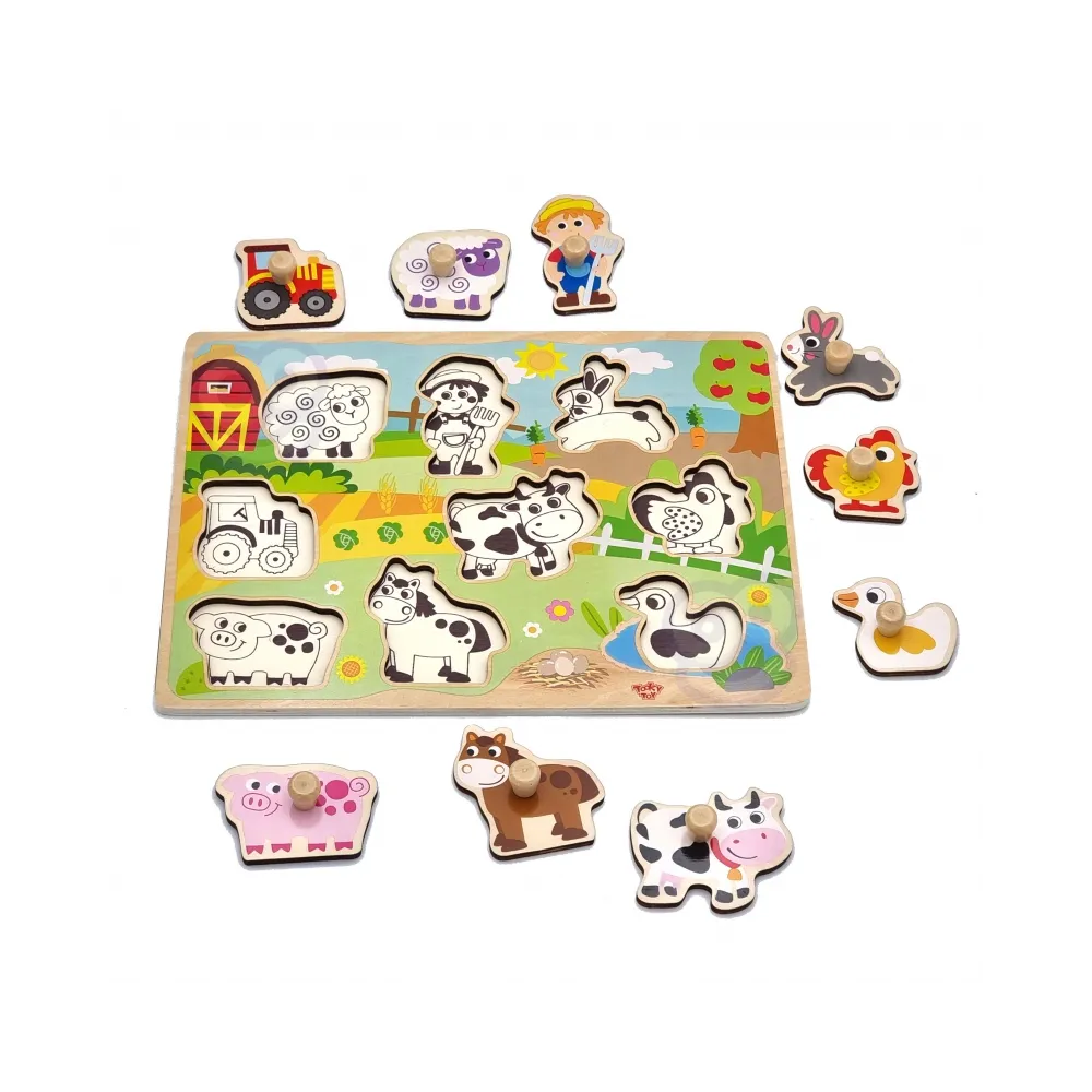 WOOPIE GREEN Drewniane Puzzle Montessori Farma z Pinezkami Do Dopasowania