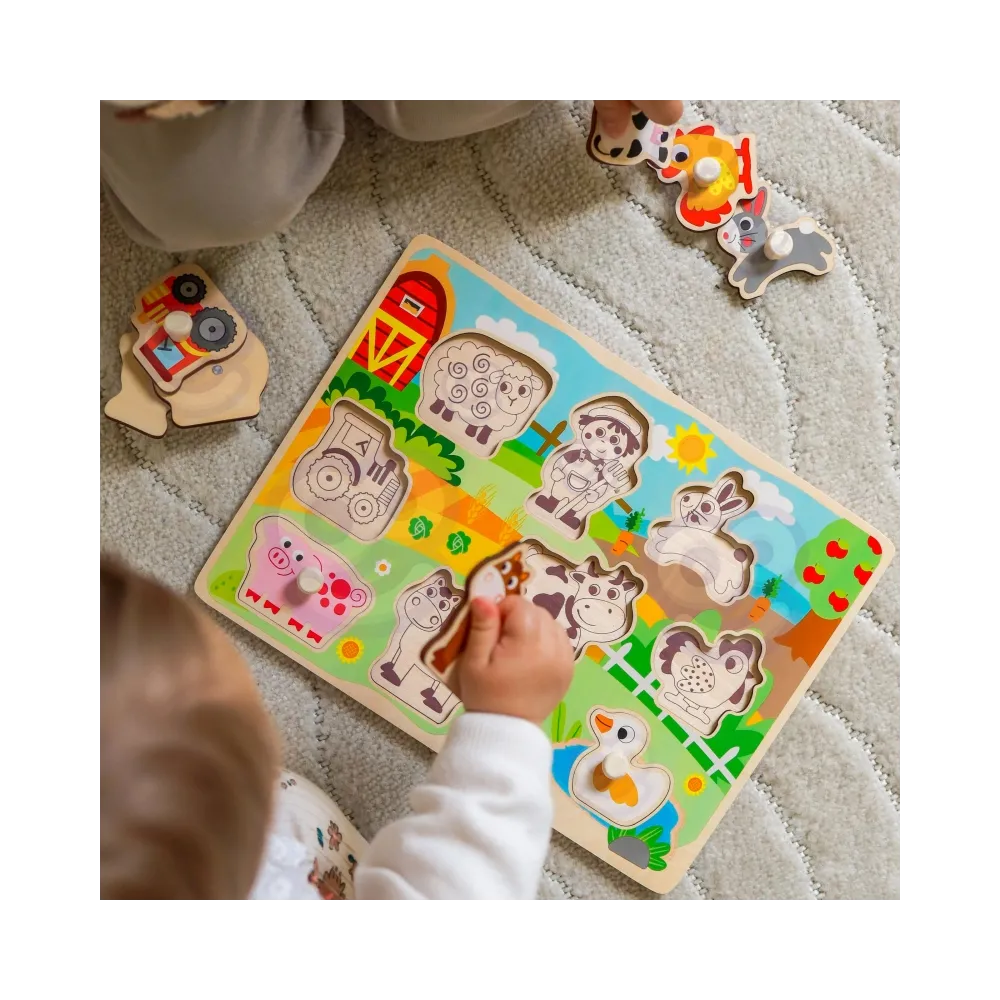WOOPIE GREEN Drewniane Puzzle Montessori Farma z Pinezkami Do Dopasowania