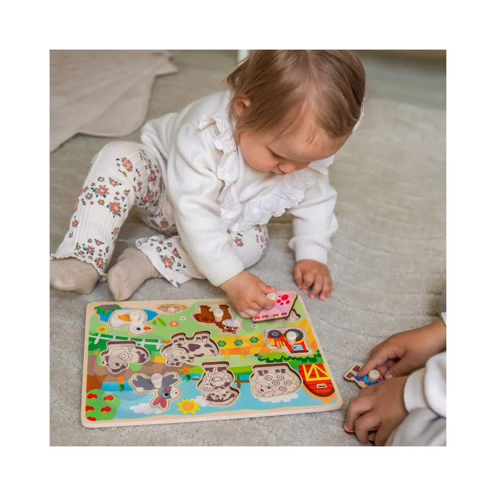 WOOPIE GREEN Drewniane Puzzle Montessori Farma z Pinezkami Do Dopasowania