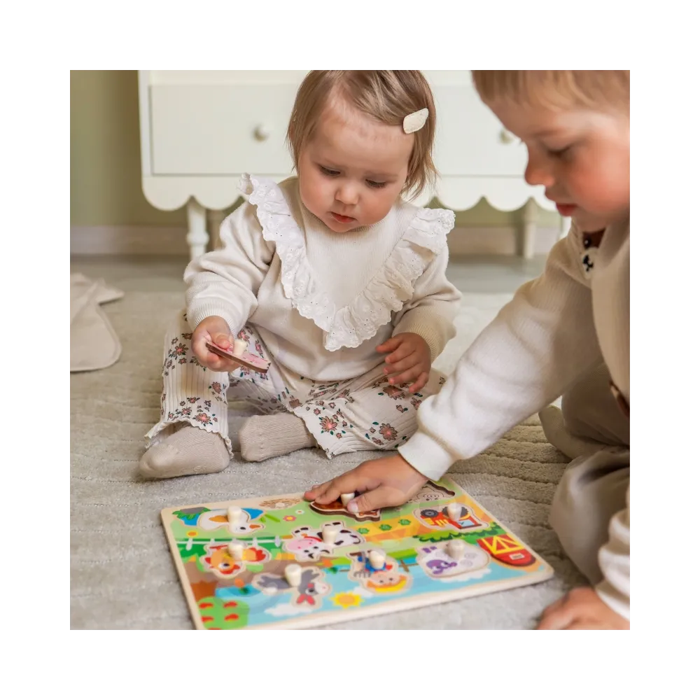 WOOPIE GREEN Drewniane Puzzle Montessori Farma z Pinezkami Do Dopasowania