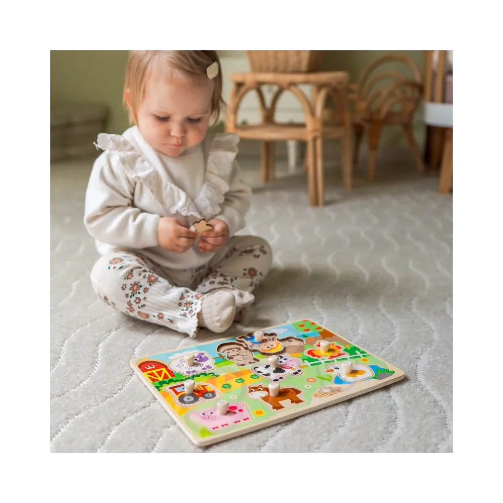 WOOPIE GREEN Drewniane Puzzle Montessori Farma z Pinezkami Do Dopasowania