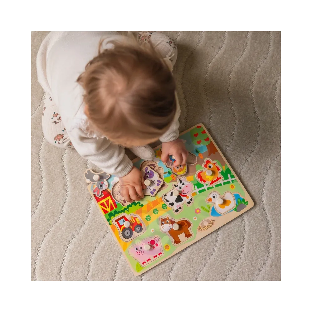 WOOPIE GREEN Drewniane Puzzle Montessori Farma z Pinezkami Do Dopasowania
