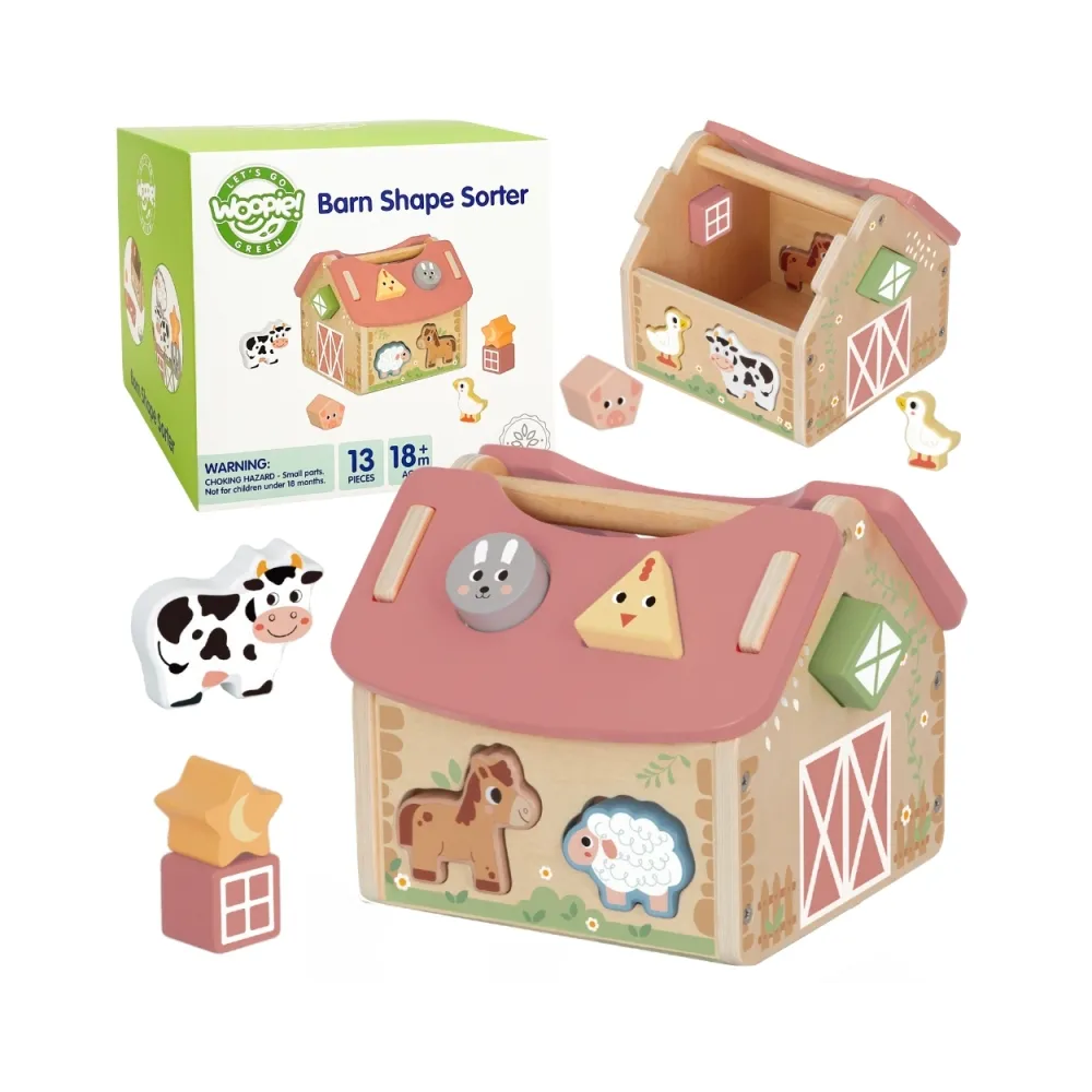 WOOPIE GREEN Drewniana Farma Sorter Kształtów i Kolorów 13 el.