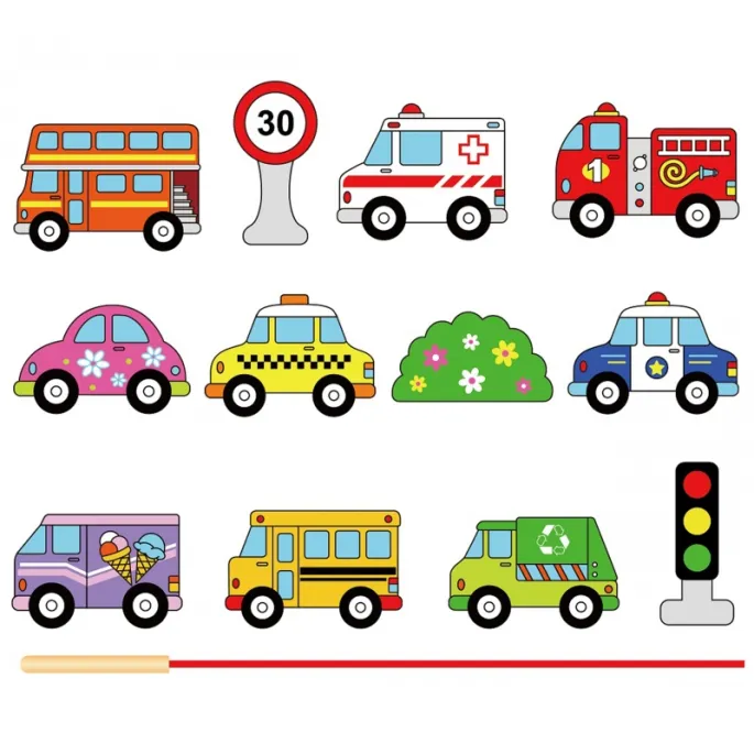 Drewniane klocki w kształcie samochodów do zabawy i nauki.