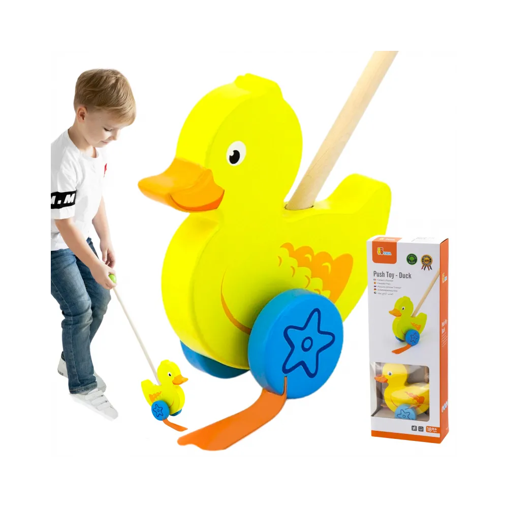 Drewniany pchacz kaczuszka dla dzieci w kolorowym wydaniu