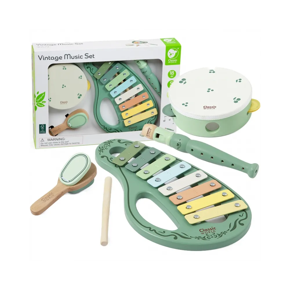 CLASSIC WORLD Drewniany Zestaw Instrumentów Muzycznych Flet Tamburyn Kastaniet Cymbałki