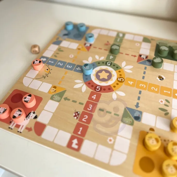 Drewniane pionki i kostki do gry