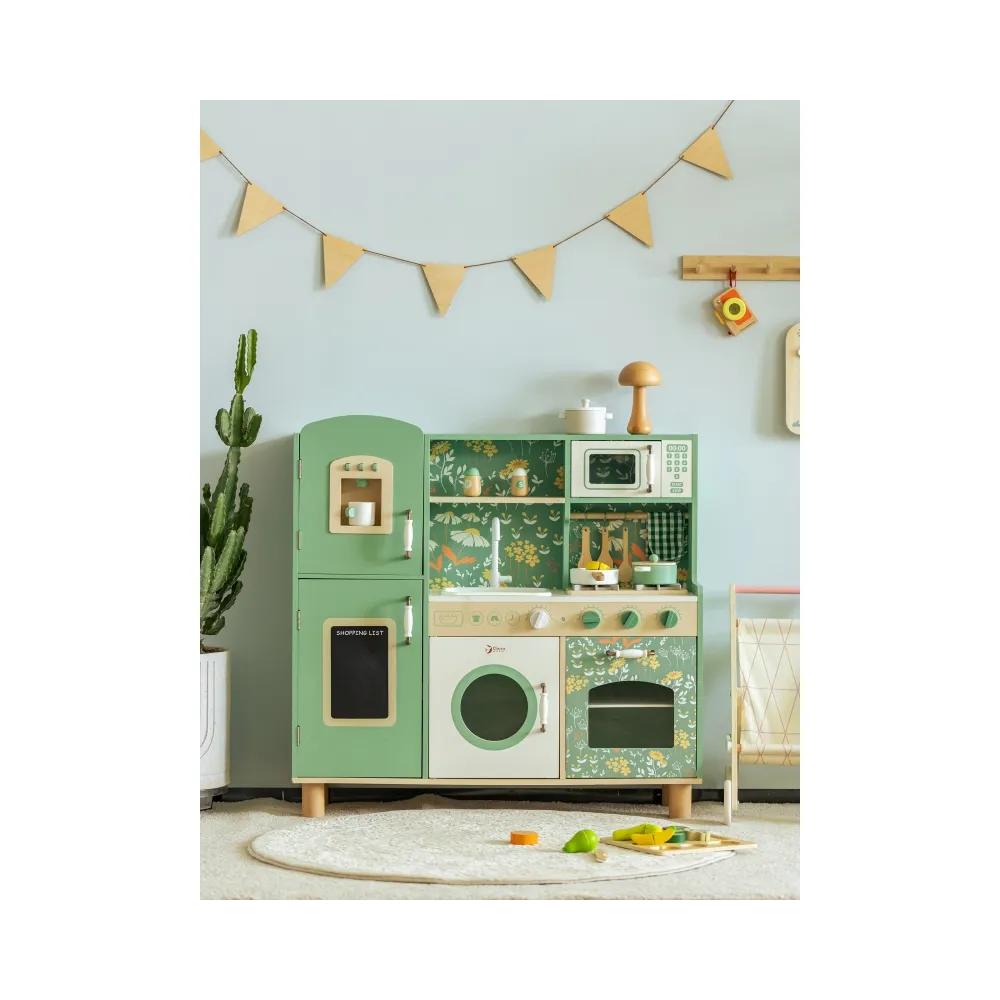 Wysokiej jakości drewniana kuchnia z akcesoriami i strefami zabawy