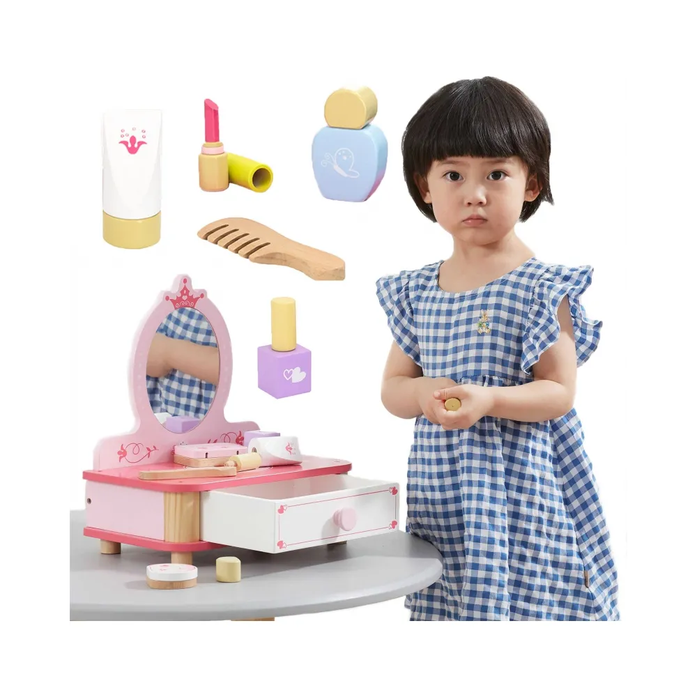 VIGA Drewniana Toaletka Różowa Do Makijażu z Lustrem + Akcesoria