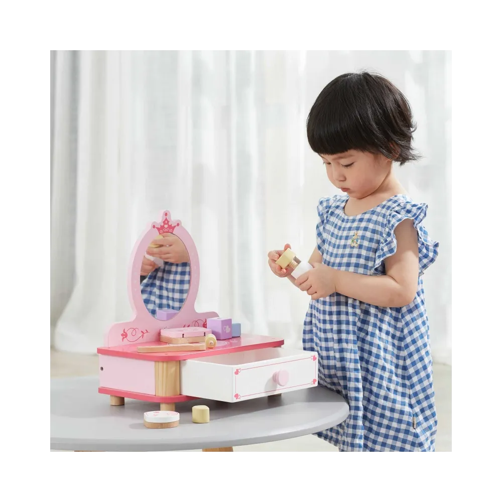 VIGA Drewniana Toaletka Różowa Do Makijażu z Lustrem + Akcesoria