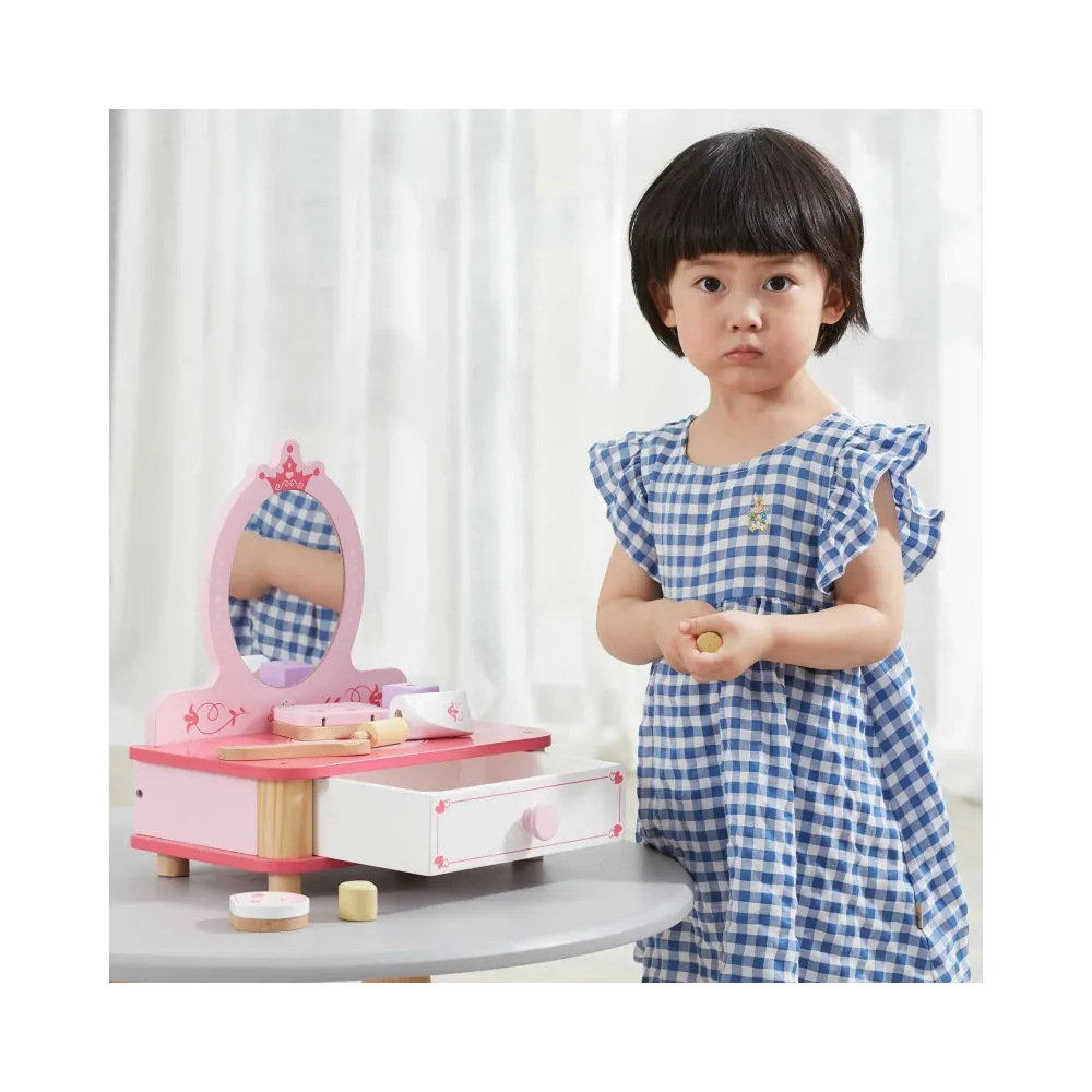 VIGA Drewniana Toaletka Różowa Do Makijażu z Lustrem + Akcesoria
