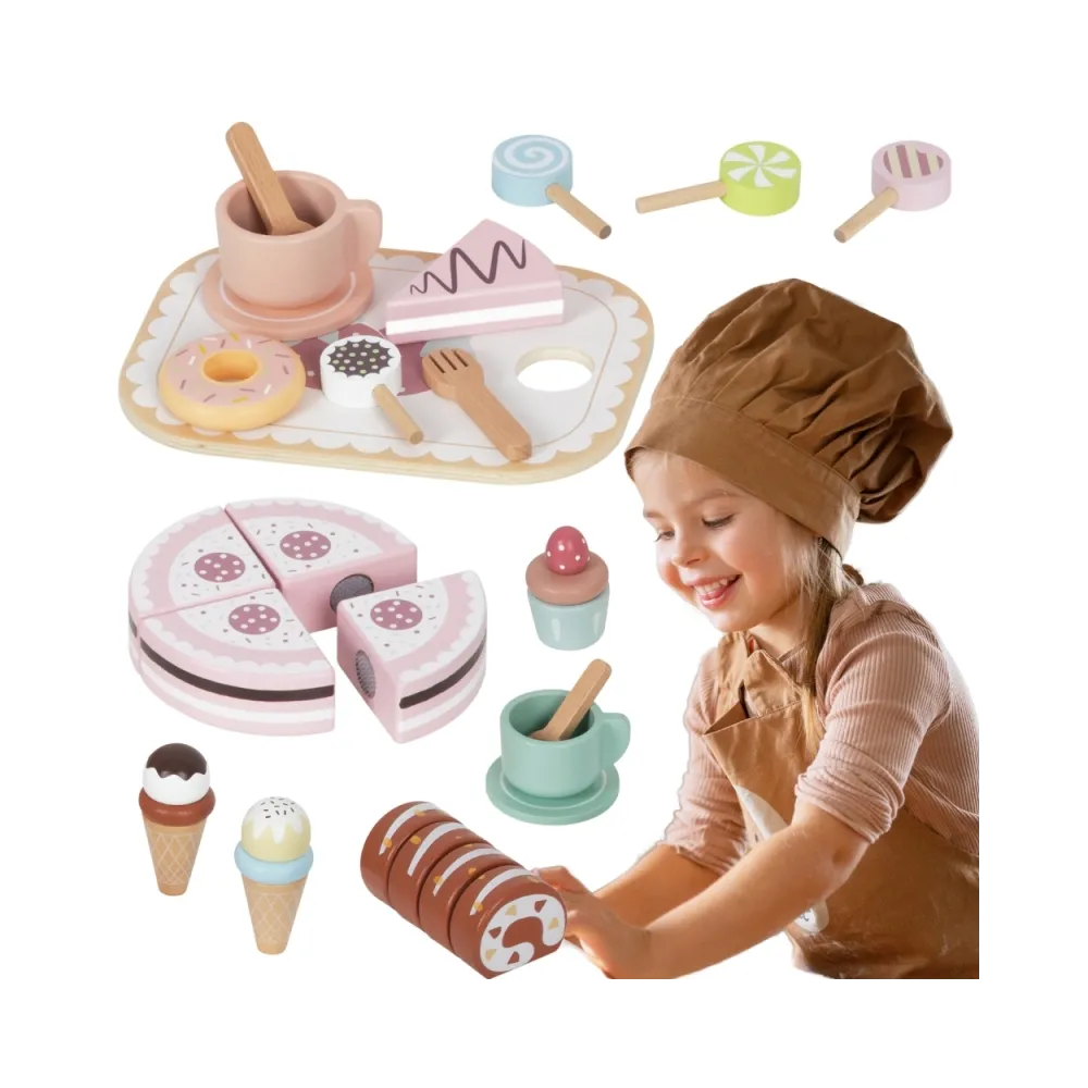 Zestaw drewnianych deserów dla dzieci w estetycznym pudełku.