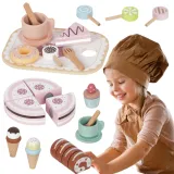 Zestaw drewnianych deserów dla dzieci w estetycznym pudełku.