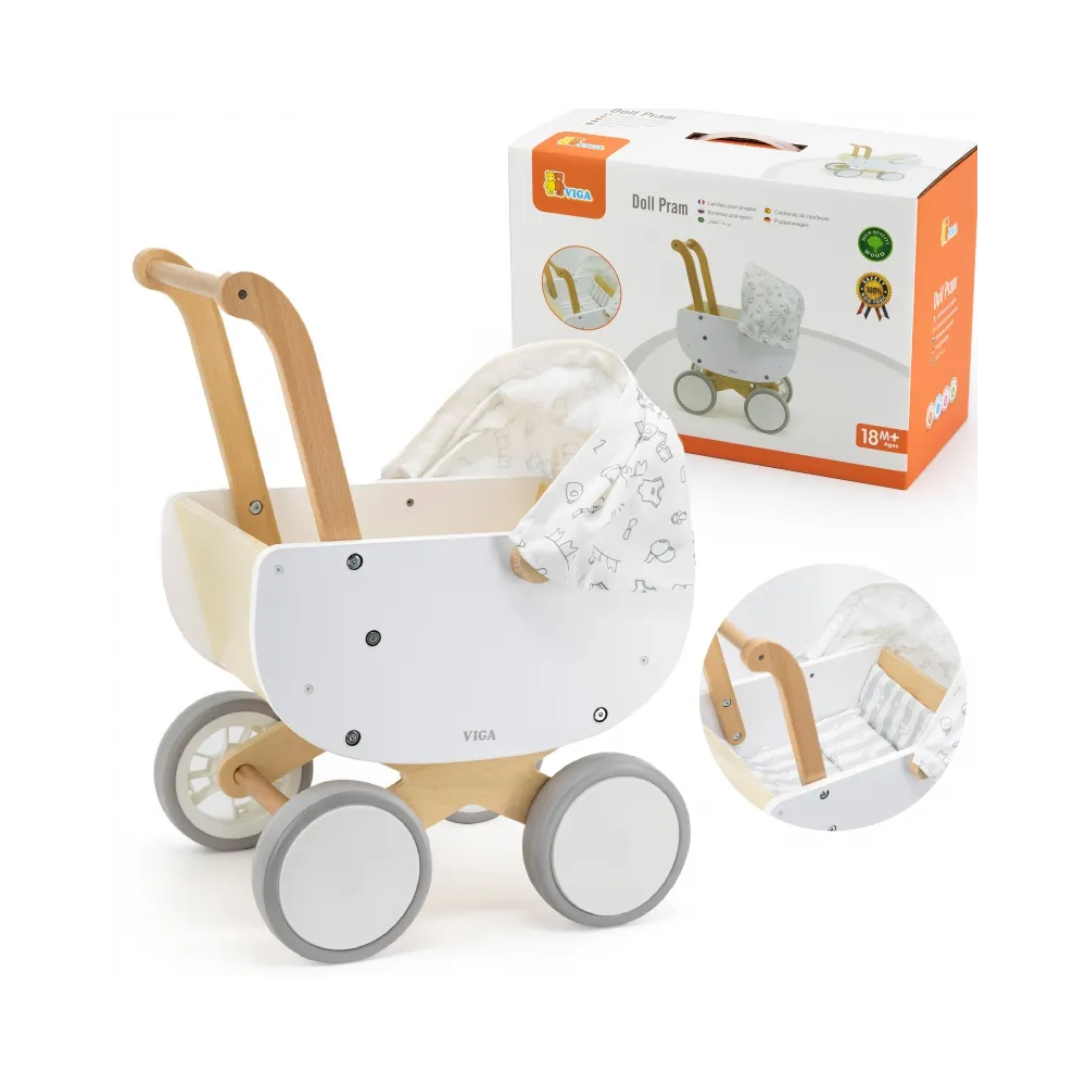 Drewniany wózek dla lalek z nowoczesnym designem
