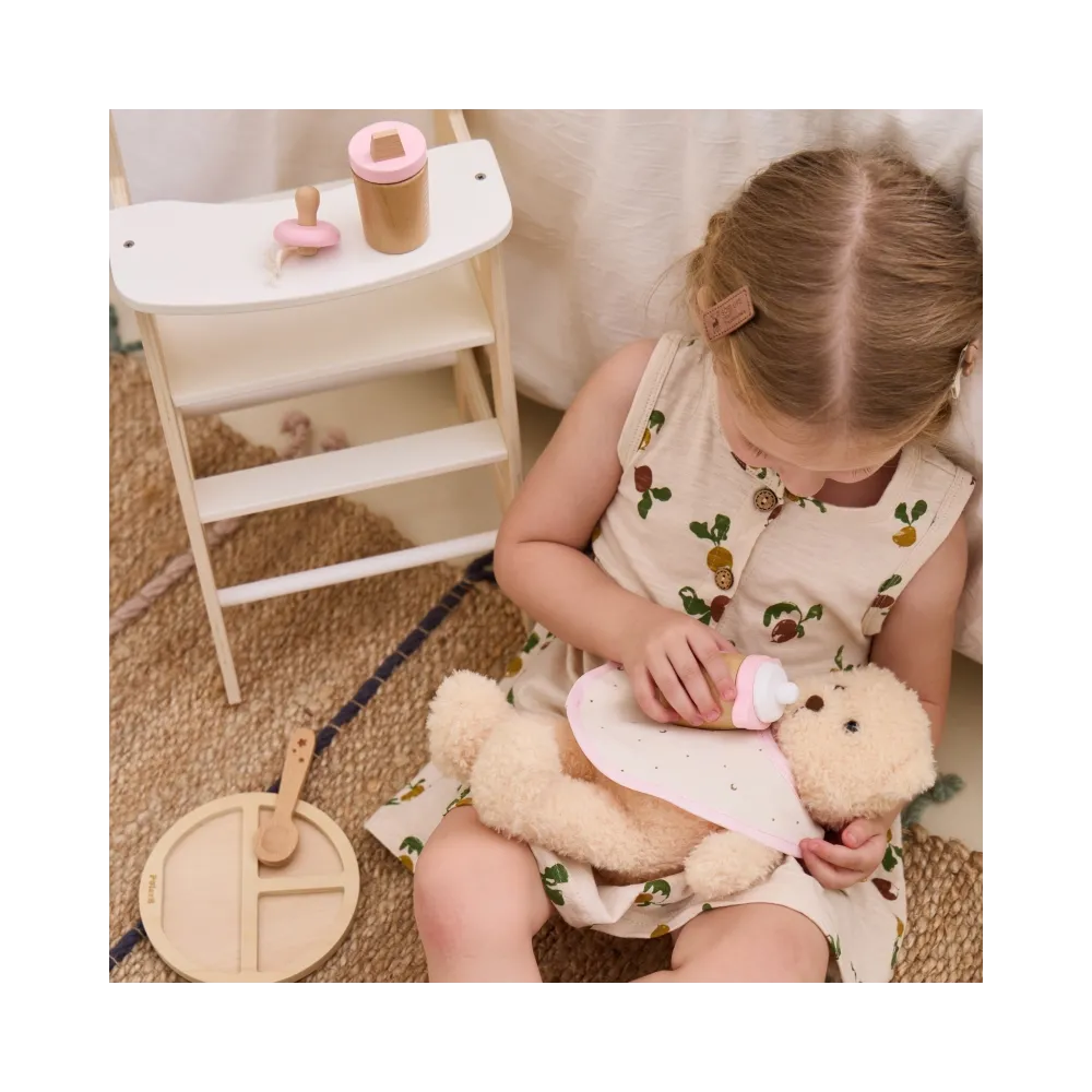 Drewniane akcesoria do karmienia lalki dla maluchów