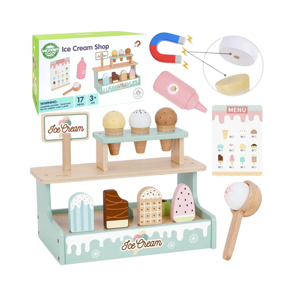 WOOPIE GREEN Drewniana Lodziarnia Sklepik Zestaw z Lodami Stragan 16 EL