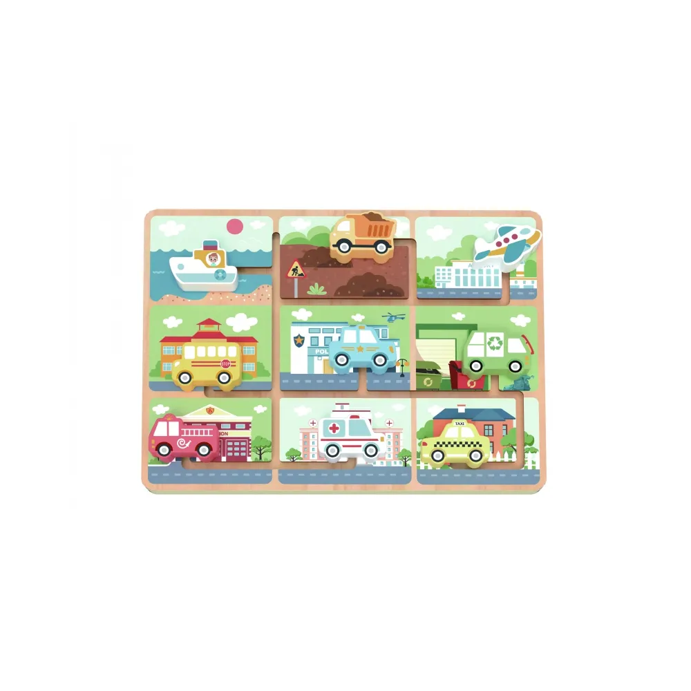 Drewniany labirynt z pojazdami dla dzieci