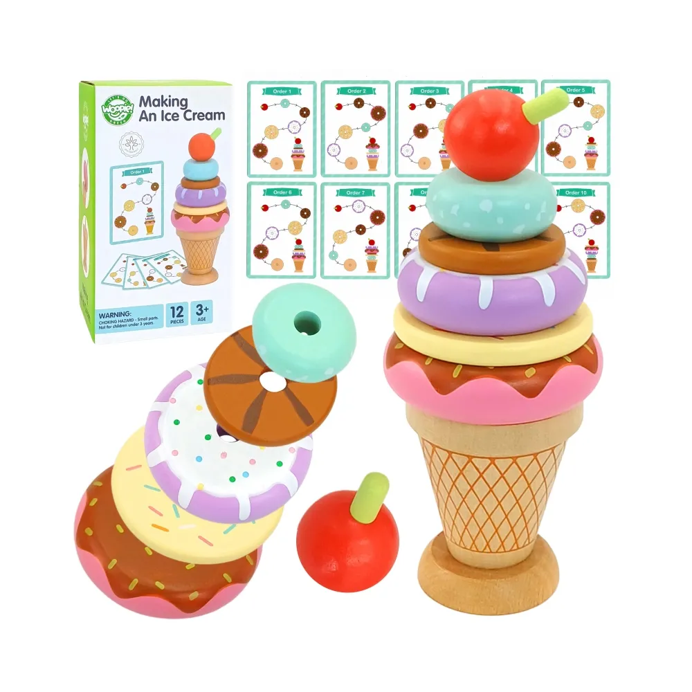 Drewniane lody układanka Montessori z kolorowymi klockami