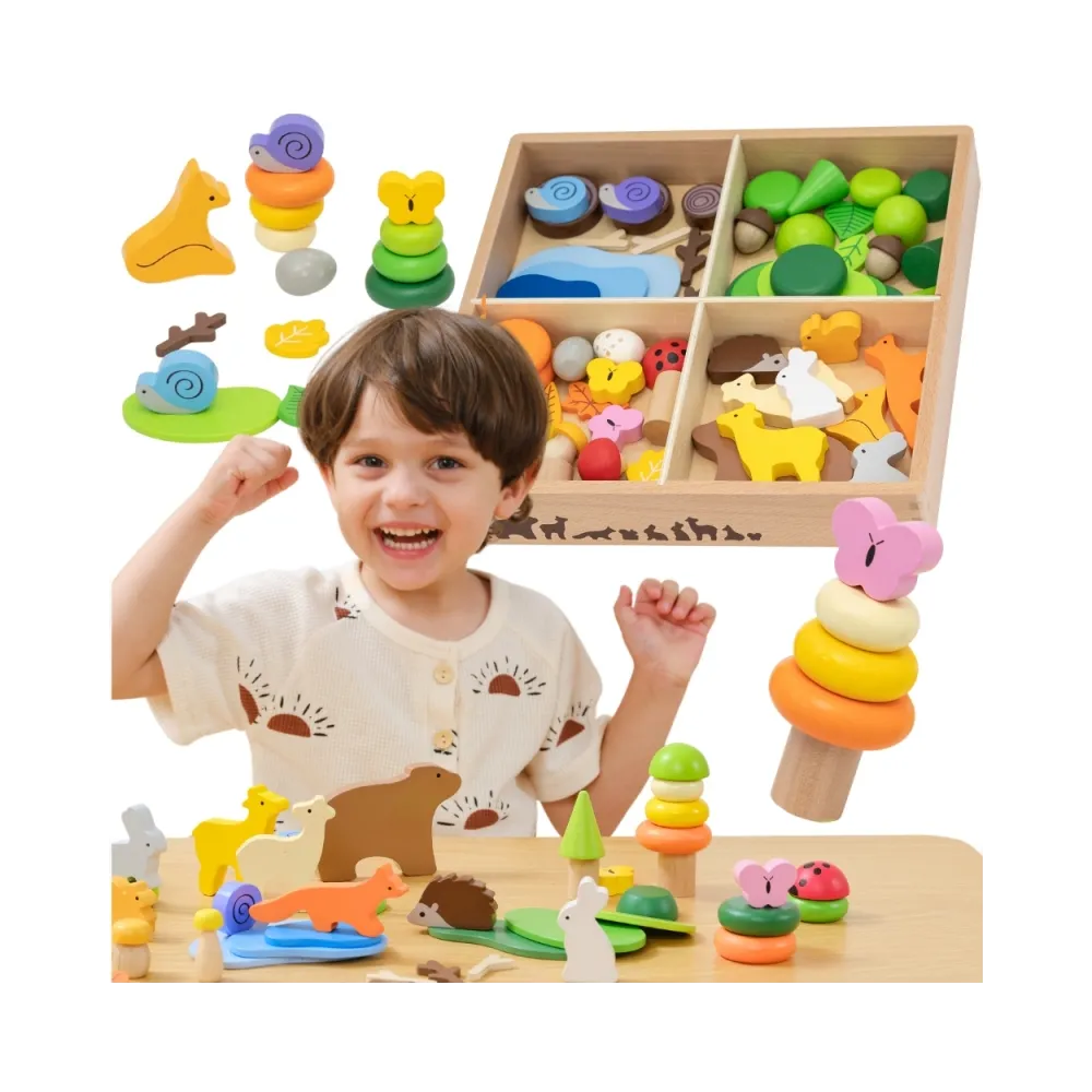 VIGA Drewniane Klocki Kolorowe Leśne Opowieści Pudełko 58el.