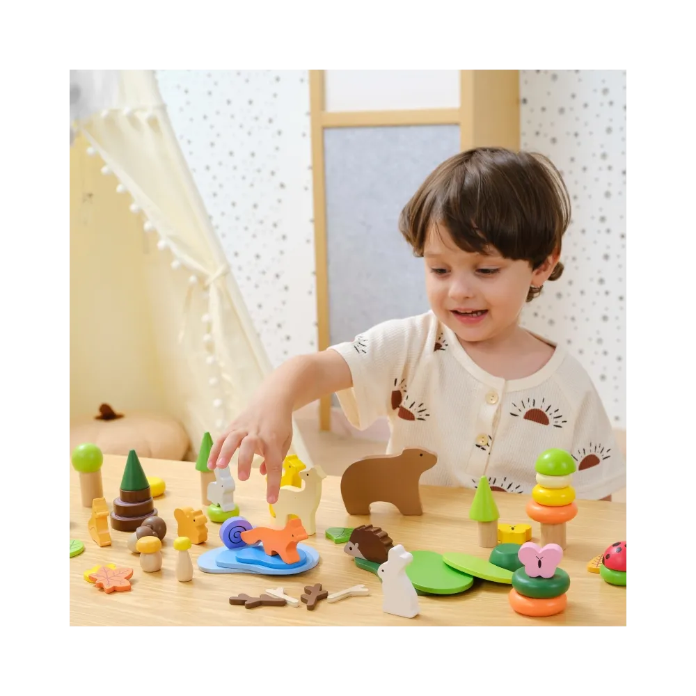 VIGA Drewniane Klocki Kolorowe Leśne Opowieści Pudełko 58el.