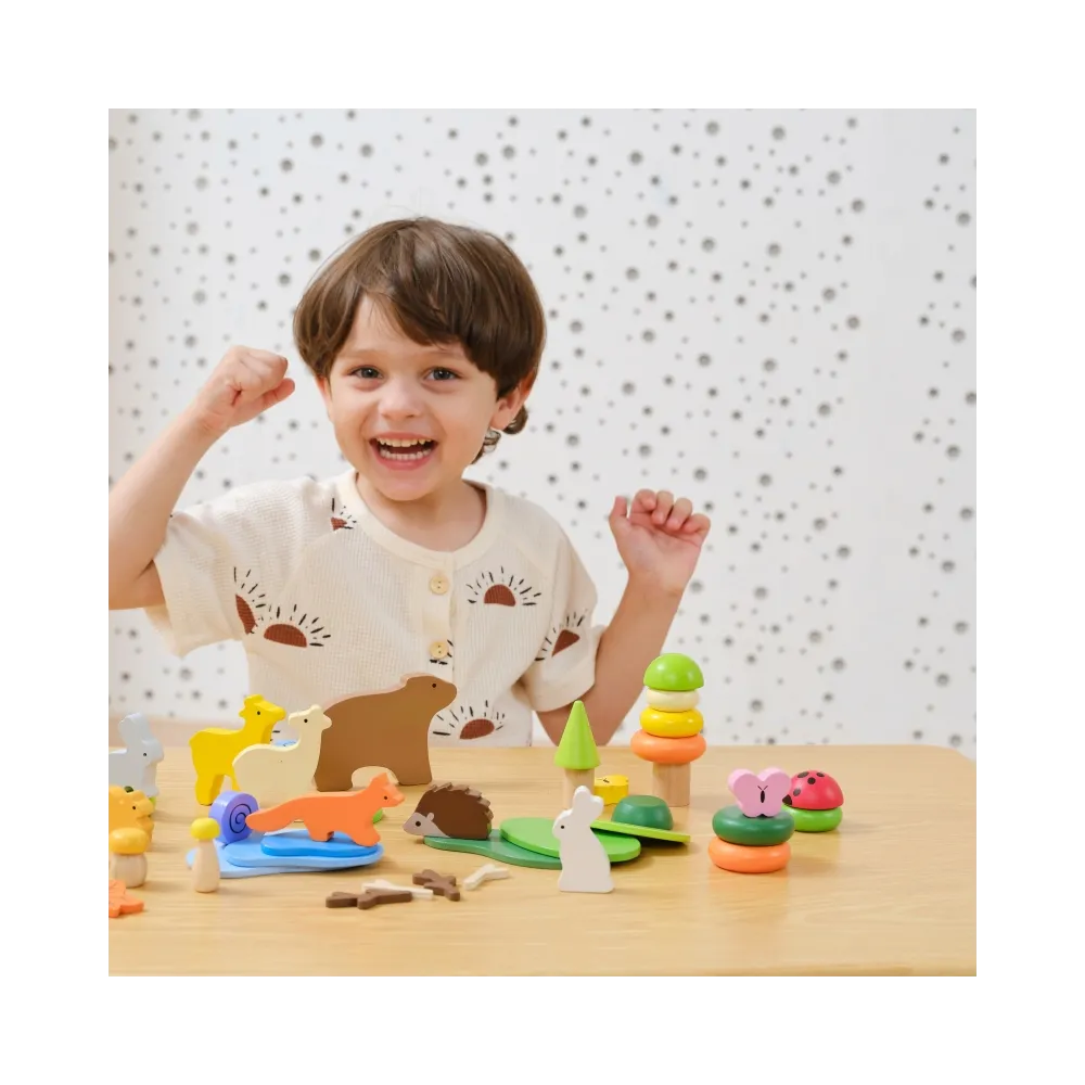 VIGA Drewniane Klocki Kolorowe Leśne Opowieści Pudełko 58el.