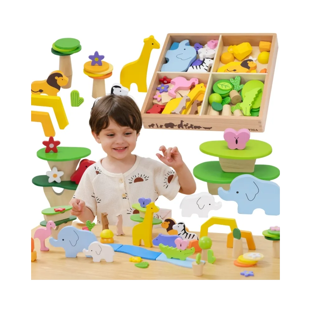 VIGA Drewniane Klocki Kolorowe Opowieści Tropikalne Pudełko 55el.