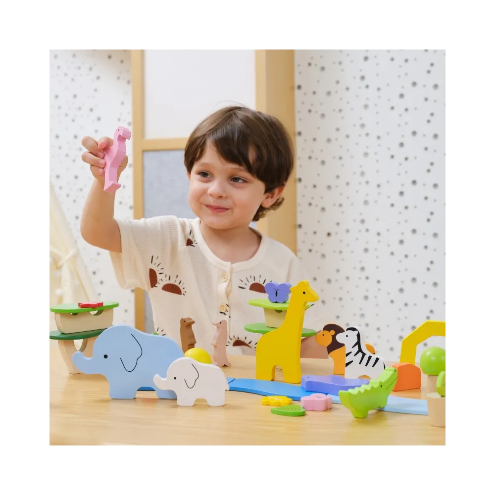 VIGA Drewniane Klocki Kolorowe Opowieści Tropikalne Pudełko 55el.