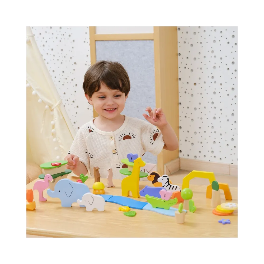 VIGA Drewniane Klocki Kolorowe Opowieści Tropikalne Pudełko 55el.