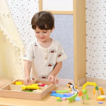 VIGA Drewniane Klocki Kolorowe Opowieści Tropikalne Pudełko 55el.