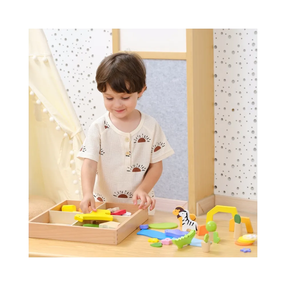 VIGA Drewniane Klocki Kolorowe Opowieści Tropikalne Pudełko 55el.