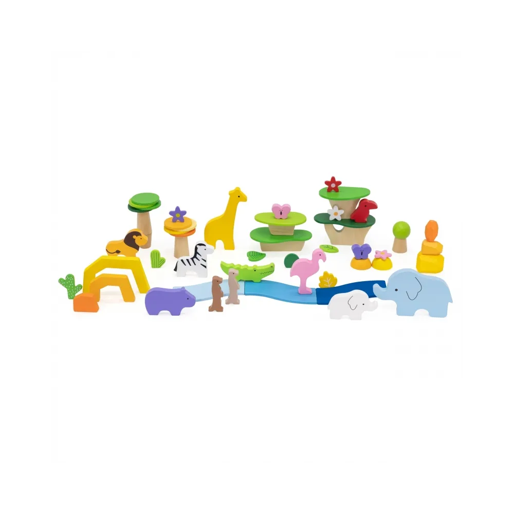 VIGA Drewniane Klocki Kolorowe Opowieści Tropikalne Pudełko 55el.