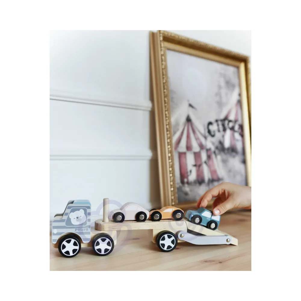 VIGA PolarB Drewniana laweta z samochodzikami Montessori