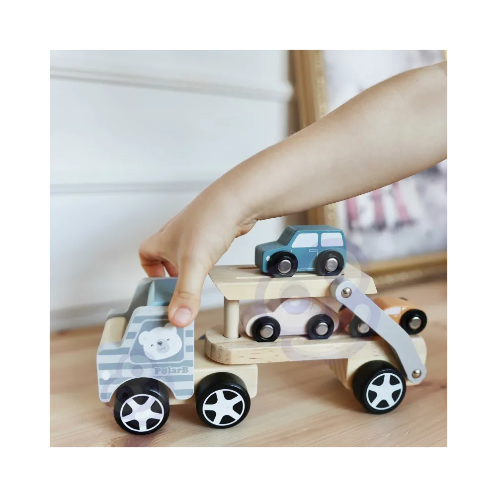 VIGA PolarB Drewniana laweta z samochodzikami Montessori