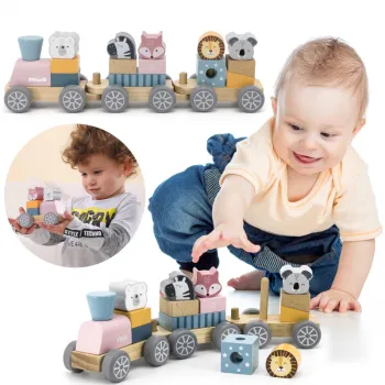 VIGA PolarB Drewniana Kolejka z Wagonikami i Zwierzątkami Do Układania Montessori
