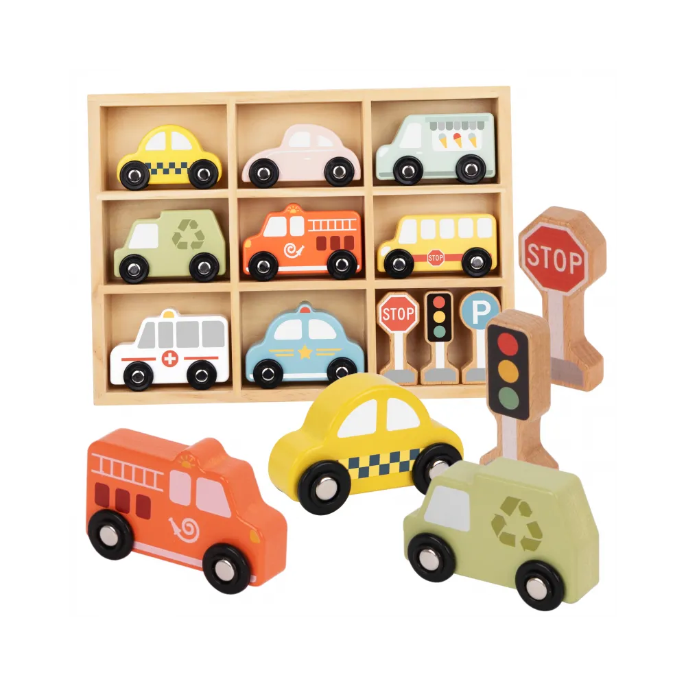 TOOKY TOY Zestaw Drewnianych Pojazdów i Znaków Drogowych w Pudełku