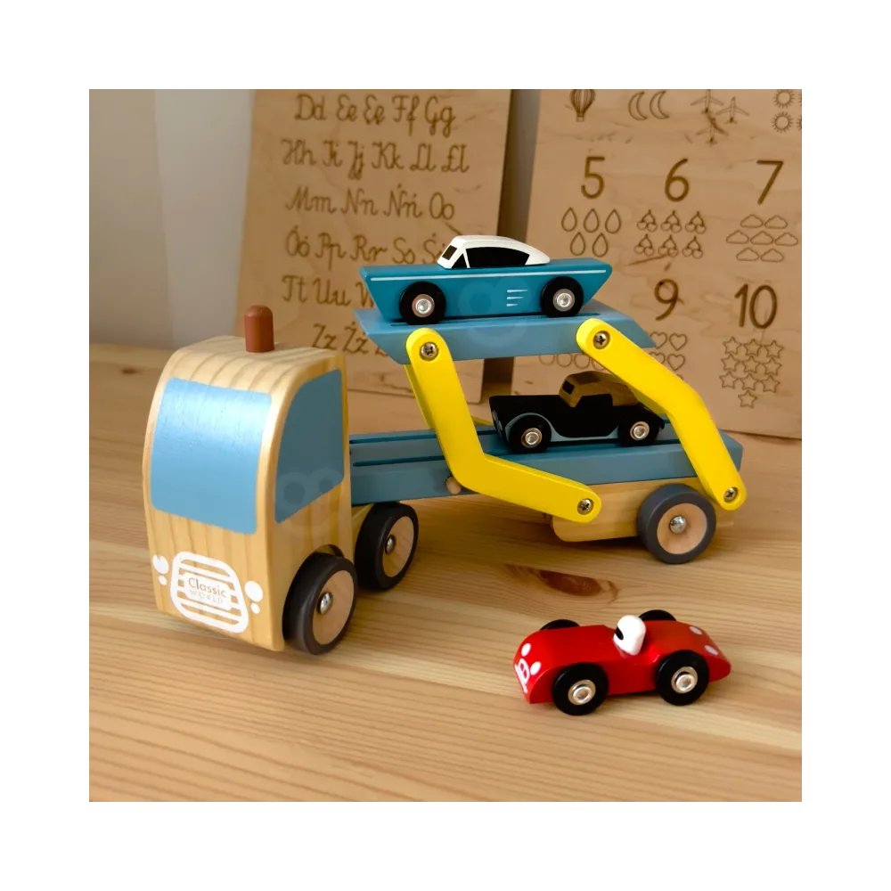 Bezpieczne zabawki dla dzieci - laweta i samochody