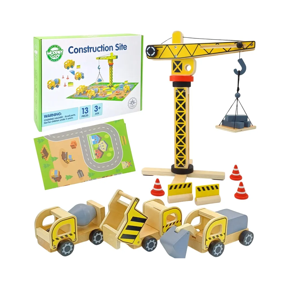 WOOPIE GREEN Drewniany Plac Budowy 5w1 Ruchomy Dźwig XXL Pojazdy Budowlane 13 el. FSC