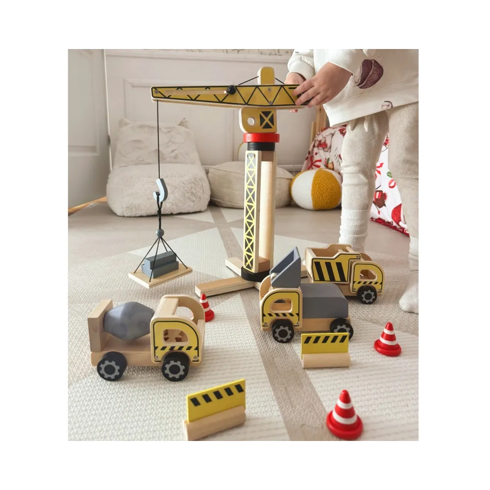 WOOPIE GREEN Drewniany Plac Budowy 5w1 Ruchomy Dźwig XXL Pojazdy Budowlane 13 el. FSC