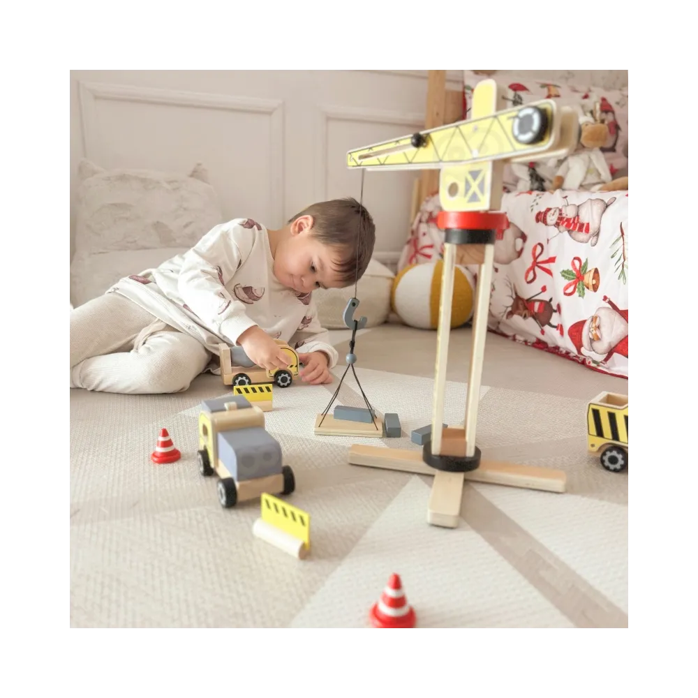 WOOPIE GREEN Drewniany Plac Budowy 5w1 Ruchomy Dźwig XXL Pojazdy Budowlane 13 el. FSC