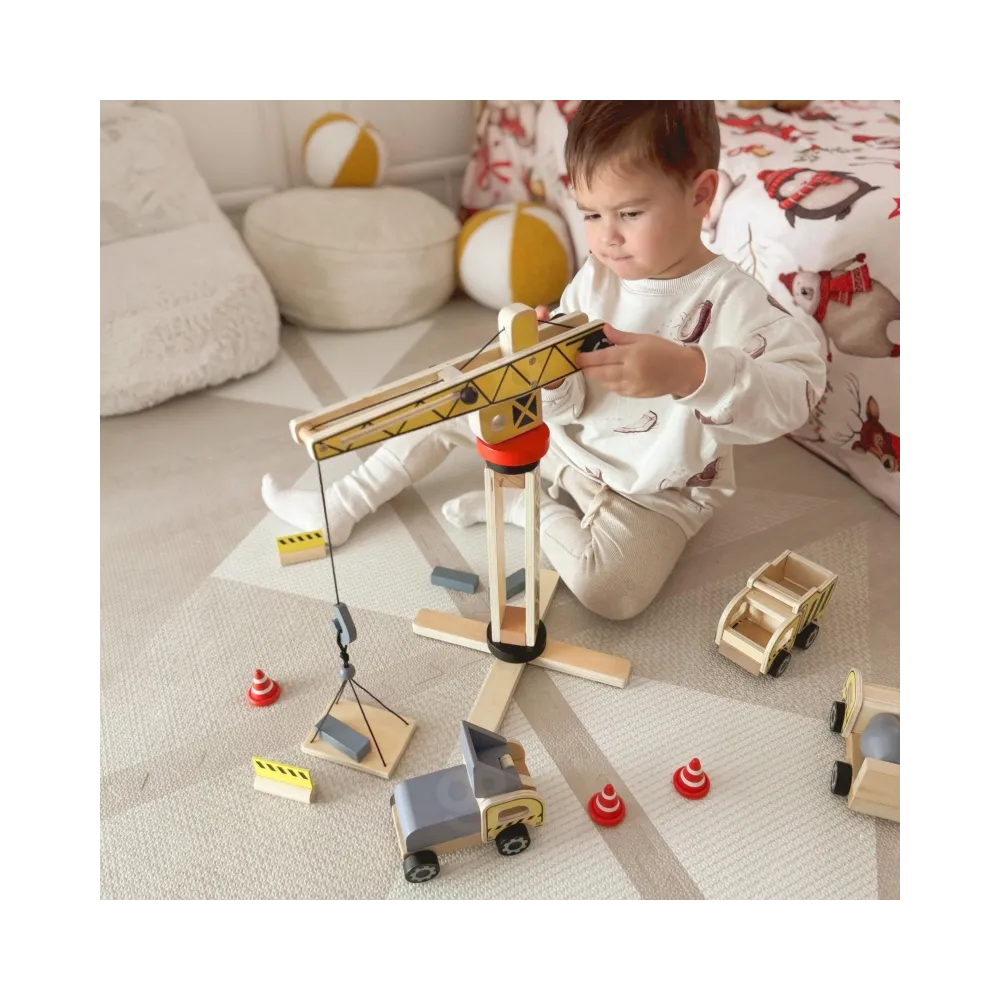 WOOPIE GREEN Drewniany Plac Budowy 5w1 Ruchomy Dźwig XXL Pojazdy Budowlane 13 el. FSC