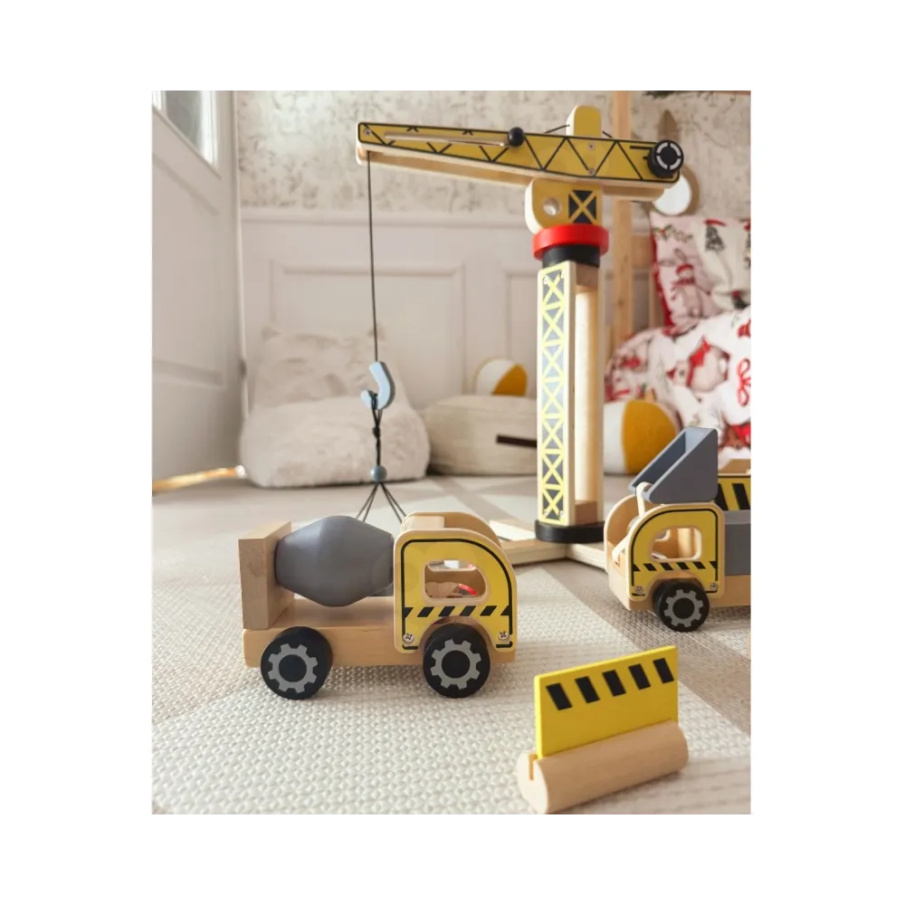 WOOPIE GREEN Drewniany Plac Budowy 5w1 Ruchomy Dźwig XXL Pojazdy Budowlane 13 el. FSC