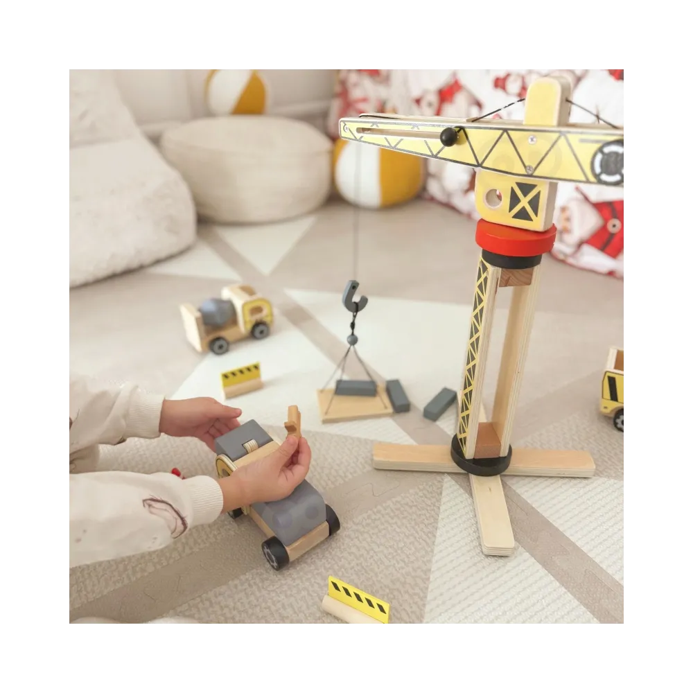 WOOPIE GREEN Drewniany Plac Budowy 5w1 Ruchomy Dźwig XXL Pojazdy Budowlane 13 el. FSC