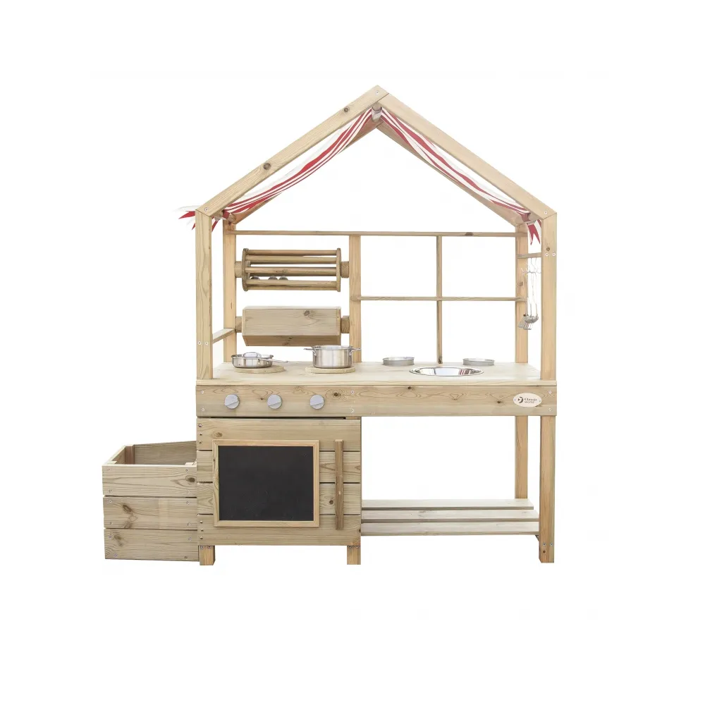 Duża drewniana kuchnia z daszkiem i akcesoriami dla dzieci