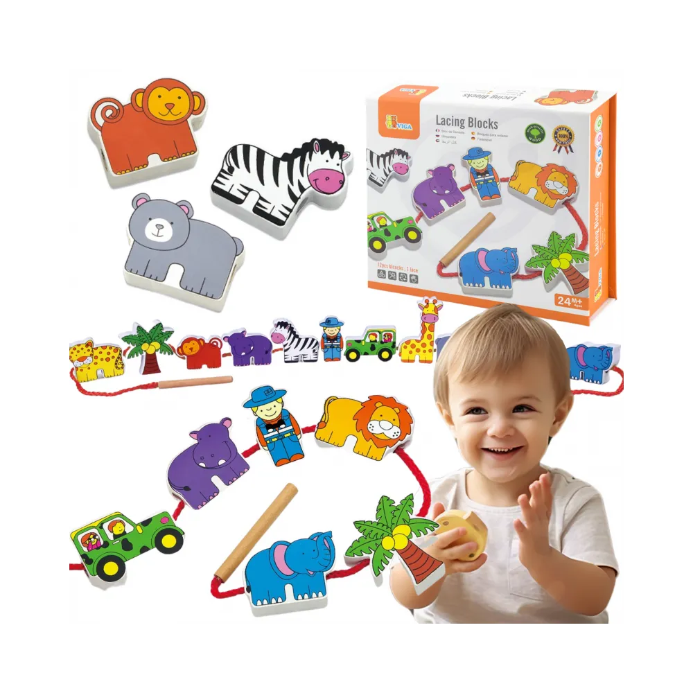 VIGA Drewniana Nawlekanka Przeplatanka Klocki Safari ZOO