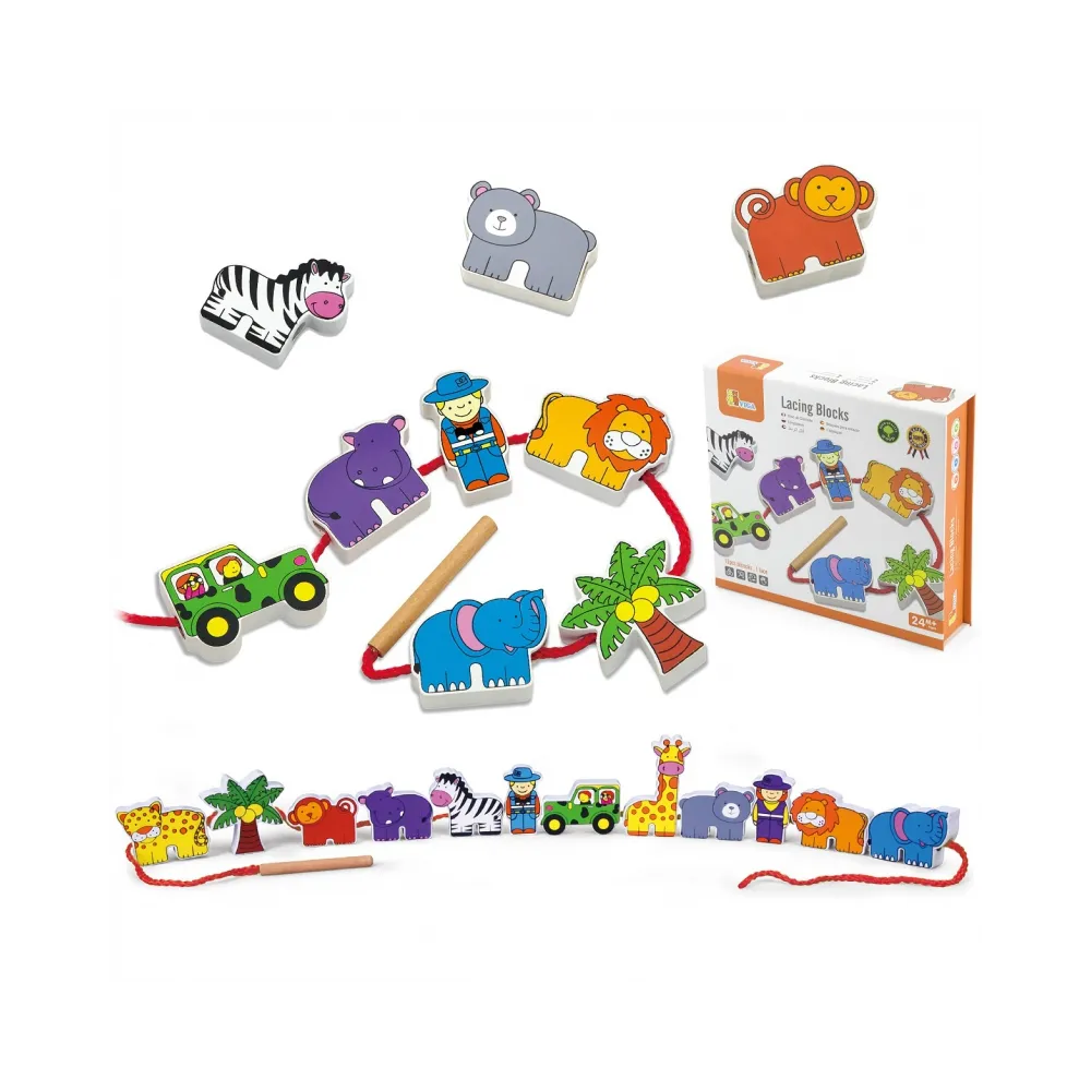 VIGA Drewniana Nawlekanka Przeplatanka Klocki Safari ZOO