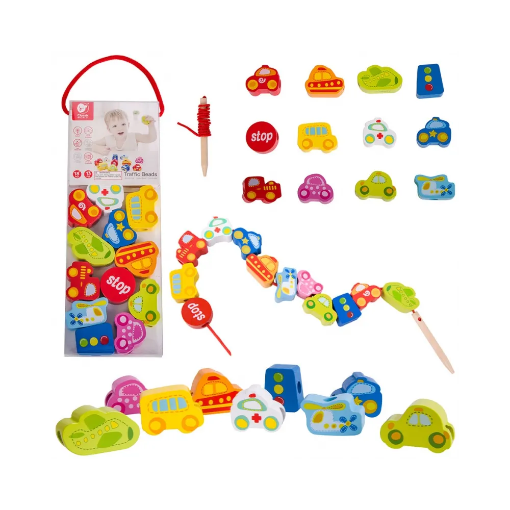 CLASSIC WORLD Drewniane Klocki do Nawlekania Ruch Drogowy 13 el.
